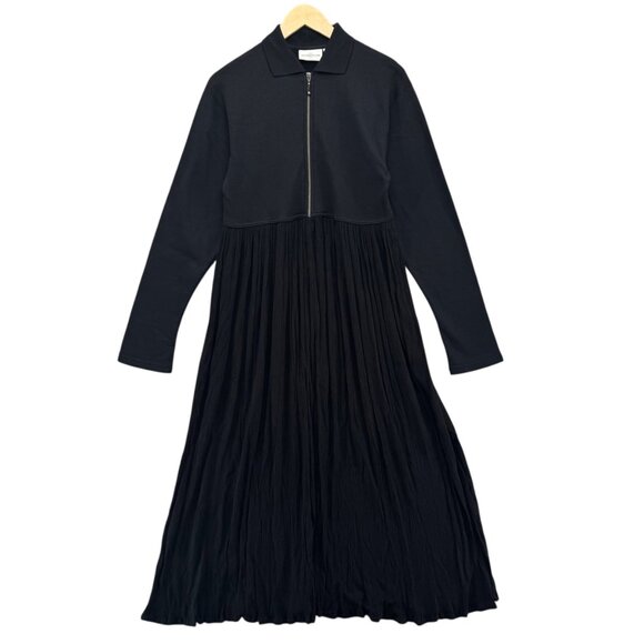 Nordstrom Pleated Maxi Dress Solid Black Long Sleeve Zip Front Mixed Media Sz S - Picture 1 of 11